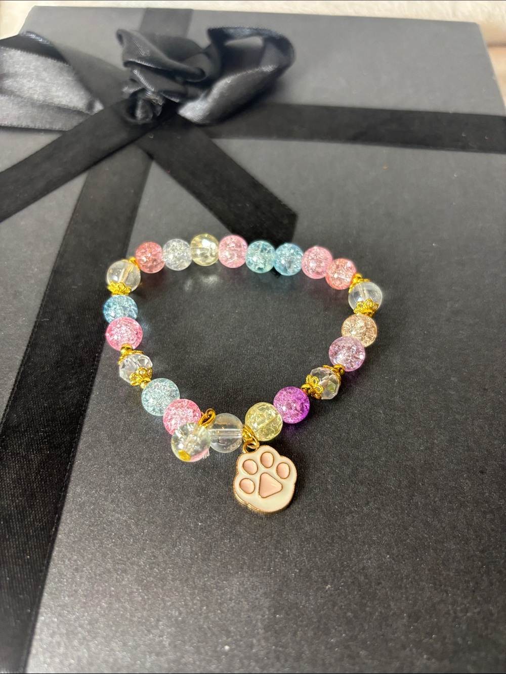 Multicolor Crackle Bead Paw Charm Bracelet